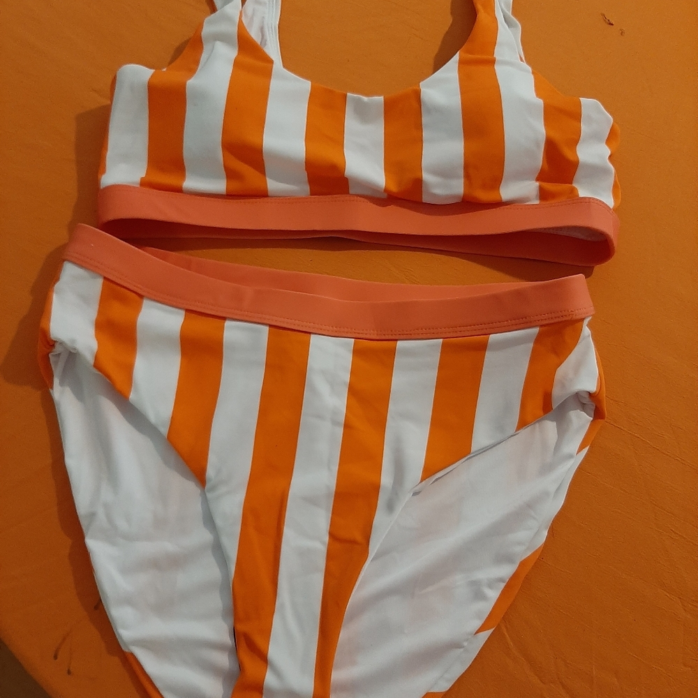NWT Medium 2-Piece Orange & White Stripped Bikini